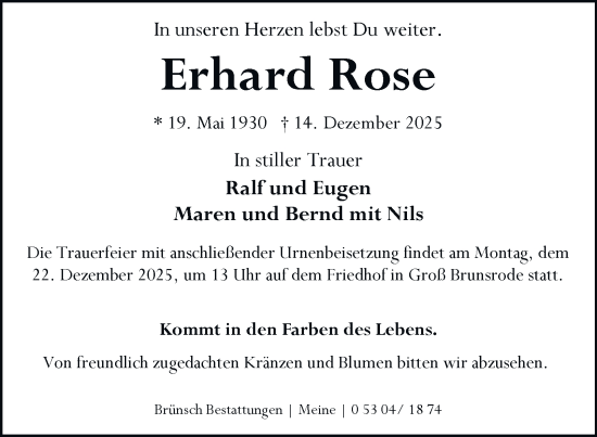 Traueranzeige von Erhard Rose von Helmstedter Nachrichten
