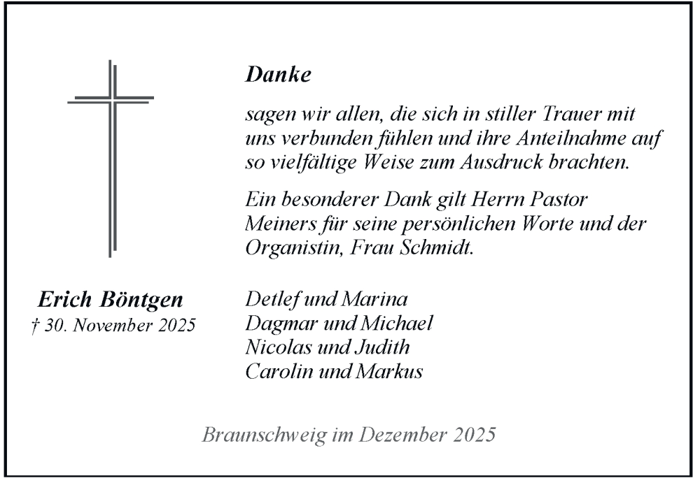  Traueranzeige für Erich Böntgen vom 27.12.2025 aus Braunschweiger Zeitung