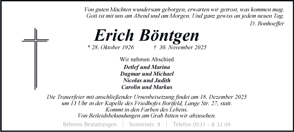  Traueranzeige für Erich Böntgen vom 13.12.2025 aus Braunschweiger Zeitung