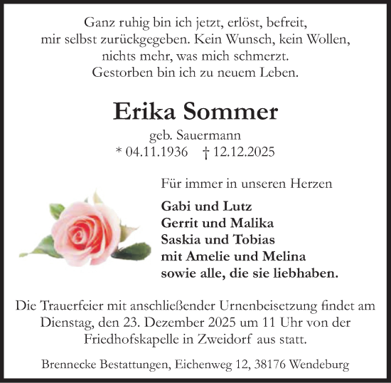 Traueranzeige von Erika Sommer von Peiner Nachrichten