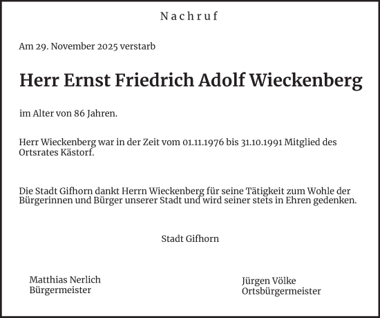Traueranzeige von Ernst Friedrich Adolf Wieckenberg von Braunschweiger Zeitung, Wolfsburger Nachrichten