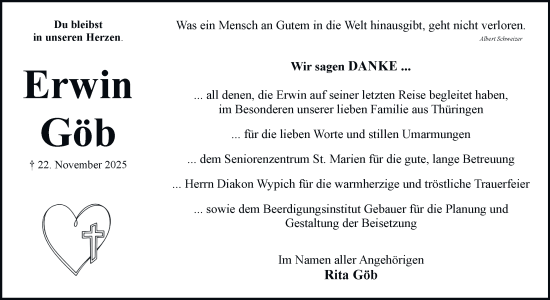 Traueranzeige von Erwin Göb von Braunschweiger Zeitung, Wolfsburger Nachrichten
