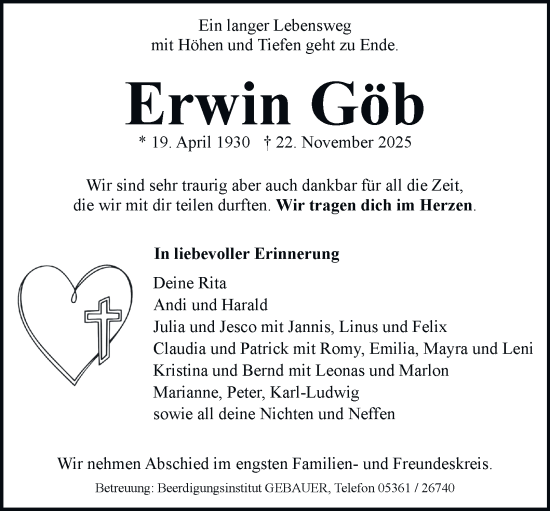 Traueranzeige von Erwin Göb von Braunschweiger Zeitung, Wolfsburger Nachrichten