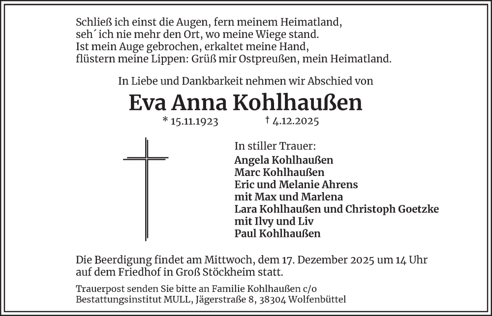  Traueranzeige für Eva Anna Kohlhaußen vom 13.12.2025 aus Wolfenbütteler Zeitung