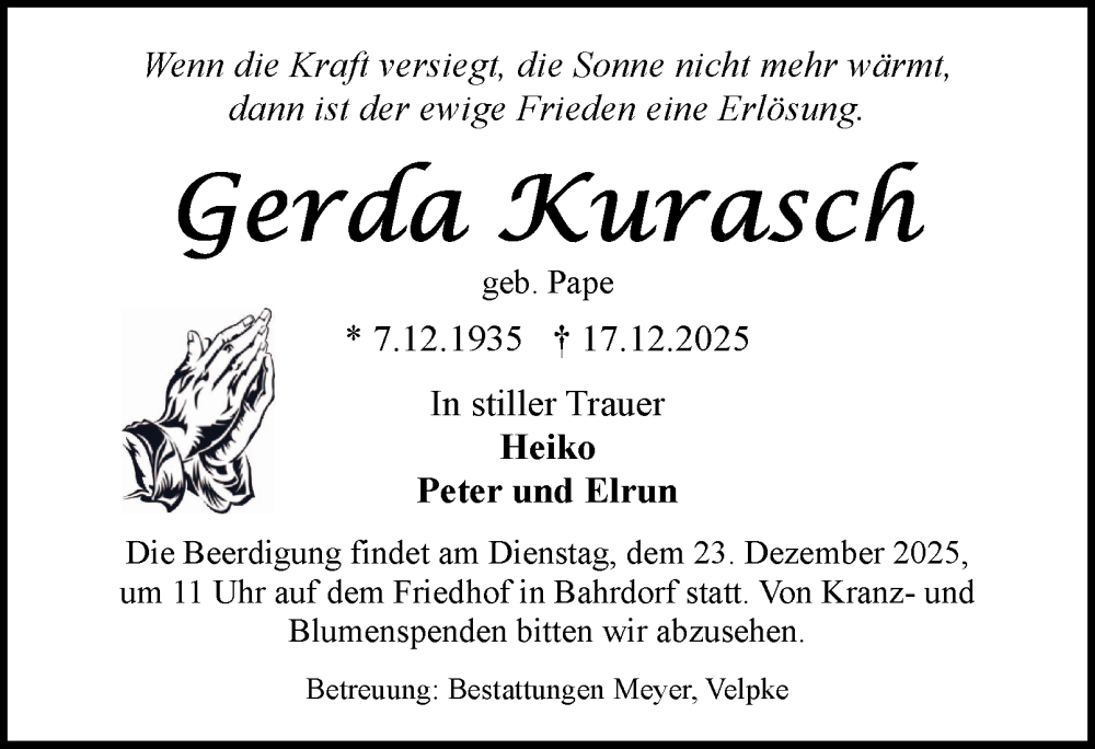  Traueranzeige für Gerda Kurasch vom 19.12.2025 aus Helmstedter Nachrichten