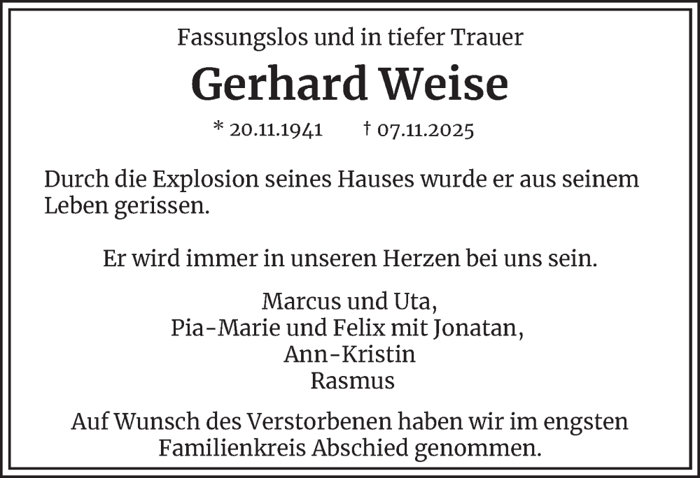  Traueranzeige für Gerhard Weise vom 06.12.2025 aus Braunschweiger Zeitung