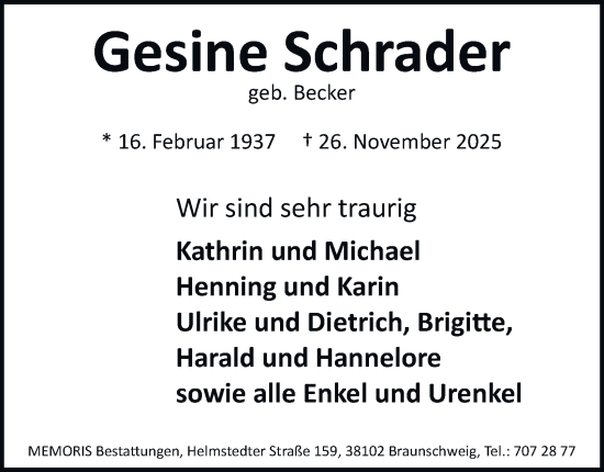 Traueranzeige von Gesine Schrader von Braunschweiger Zeitung