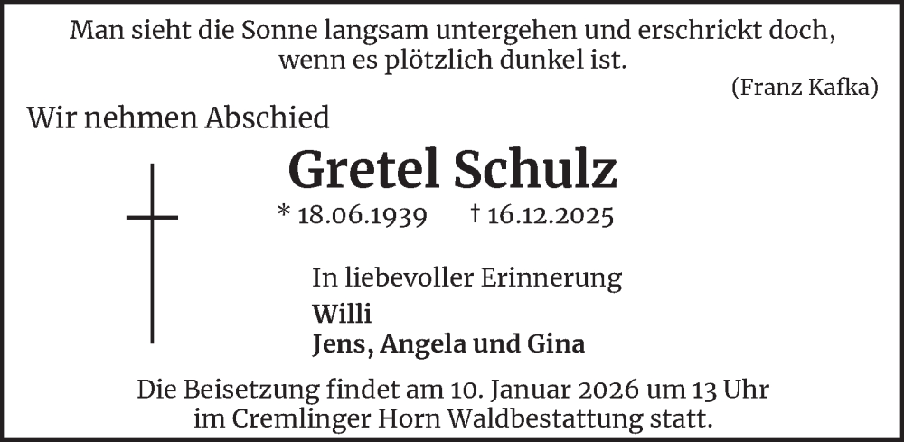  Traueranzeige für Gretel Schulz vom 27.12.2025 aus Braunschweiger Zeitung