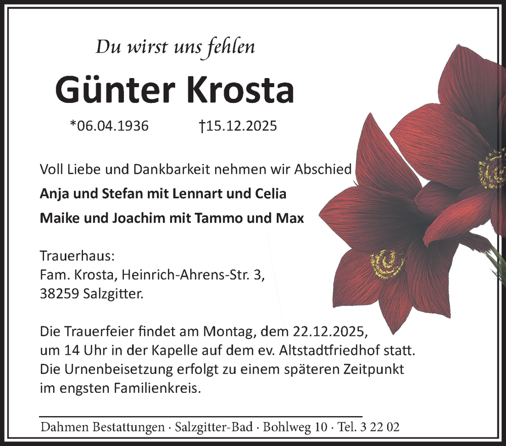  Traueranzeige für Günter Krosta vom 20.12.2025 aus Salzgitter-Zeitung