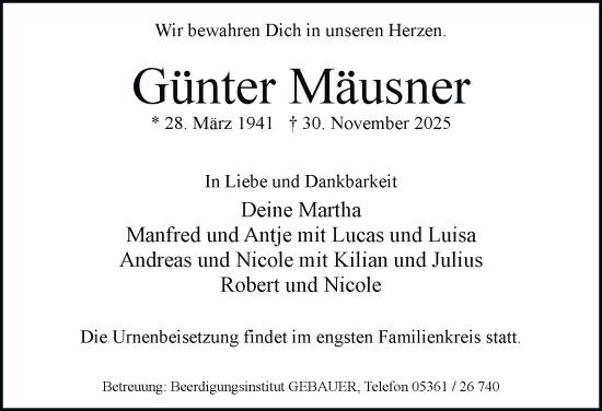 Traueranzeige von Günter Mäusner von Braunschweiger Zeitung, Wolfsburger Nachrichten