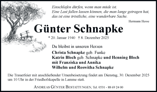 Traueranzeige von Günter Schnapke von Braunschweiger Zeitung