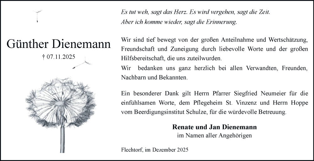  Traueranzeige für Günther Dienemann vom 06.12.2025 aus Helmstedter Nachrichten