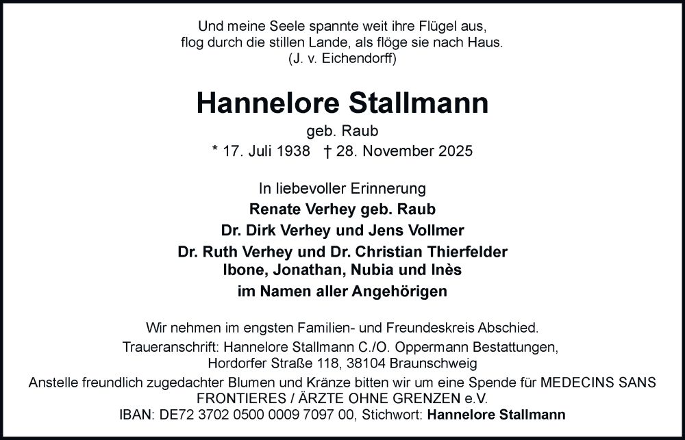  Traueranzeige für Hannelore Stallmann vom 13.12.2025 aus Braunschweiger Zeitung