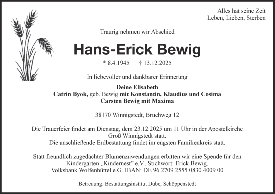 Traueranzeige von Hans-Erick Bewig von Salzgitter-Zeitung