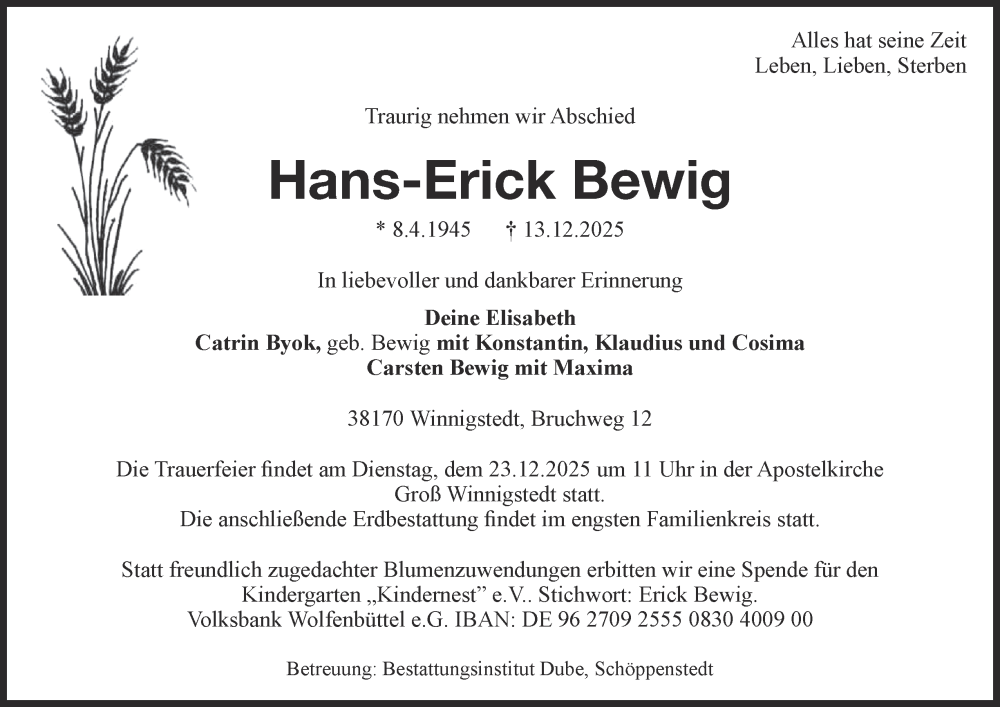  Traueranzeige für Hans-Erick Bewig vom 20.12.2025 aus Salzgitter-Zeitung
