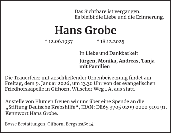 Traueranzeige von Hans Grobe von Braunschweiger Zeitung, Wolfsburger Nachrichten