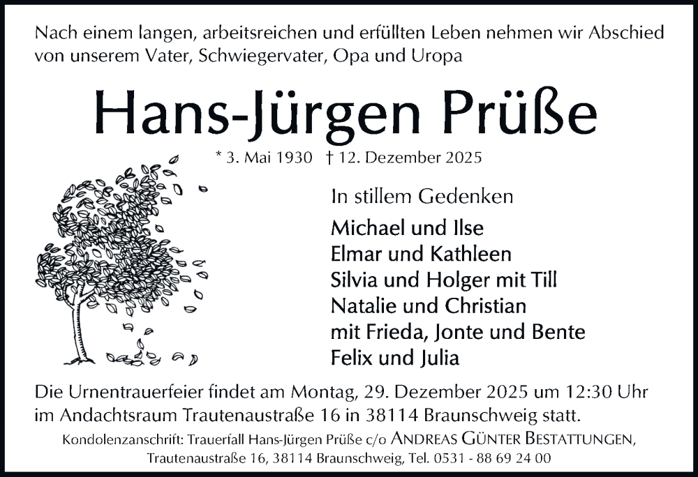  Traueranzeige für Hans-Jürgen Prüße vom 20.12.2025 aus Braunschweiger Zeitung