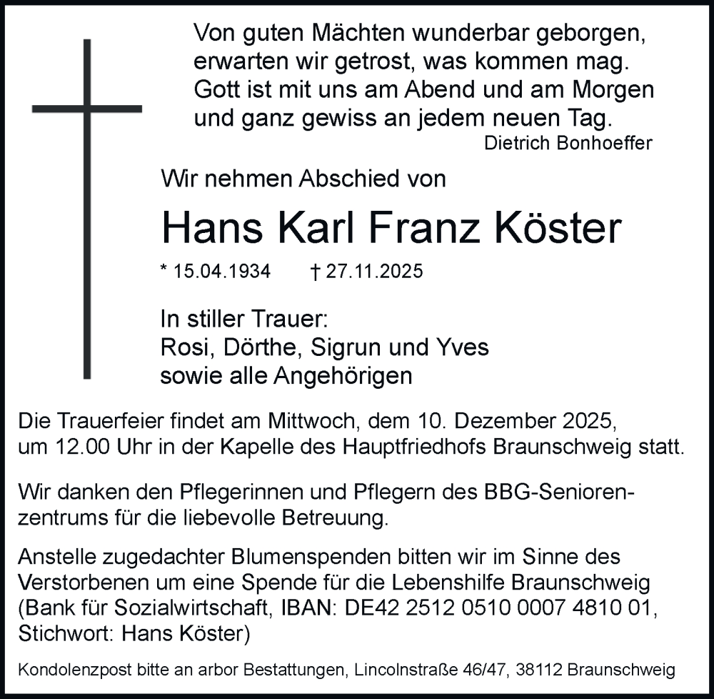  Traueranzeige für Hans Karl Franz Köster vom 06.12.2025 aus Braunschweiger Zeitung