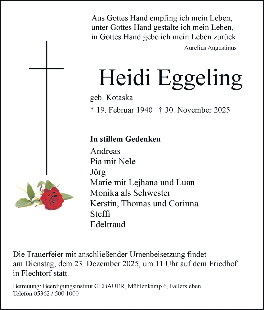  Traueranzeige für Heidi Eggeling vom 13.12.2025 aus Braunschweiger Zeitung, Wolfsburger Nachrichten