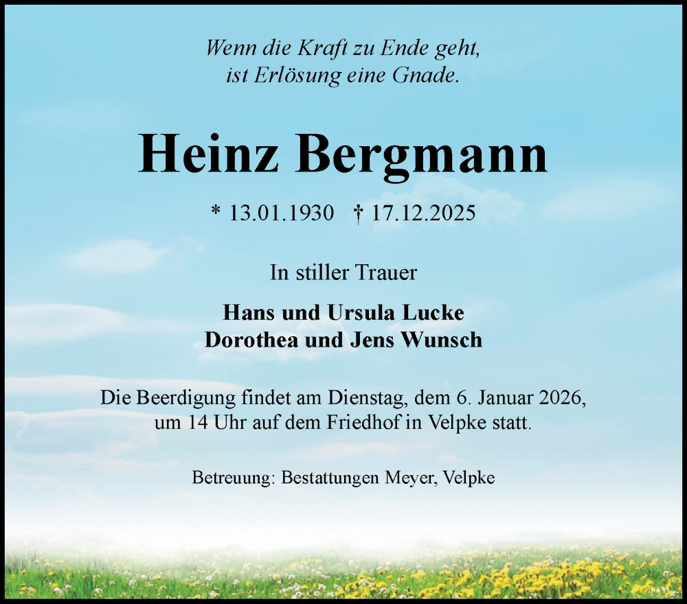  Traueranzeige für Heinz Bergmann vom 27.12.2025 aus Helmstedter Nachrichten