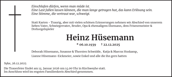 Traueranzeige von Heinz Hüsemann von Braunschweiger Zeitung