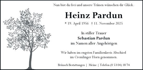 Traueranzeige von Heinz Pardun von Braunschweiger Zeitung, Wolfsburger Nachrichten