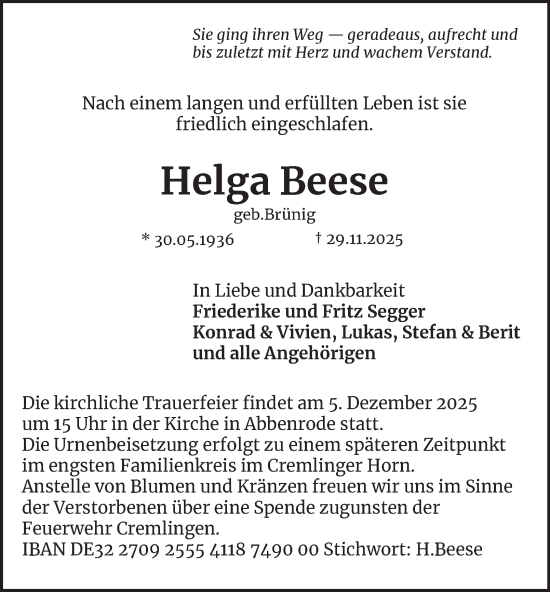 Traueranzeige von Helga Beese von Braunschweiger Zeitung
