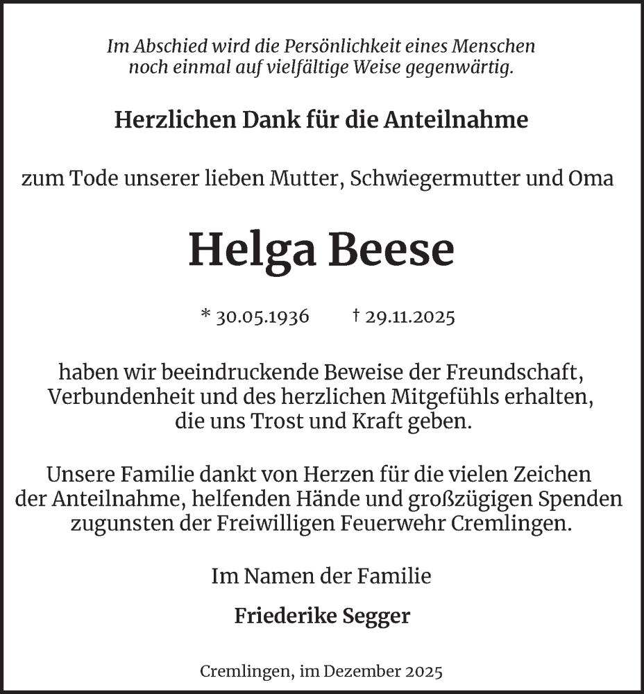  Traueranzeige für Helga Beese vom 20.12.2025 aus Braunschweiger Zeitung