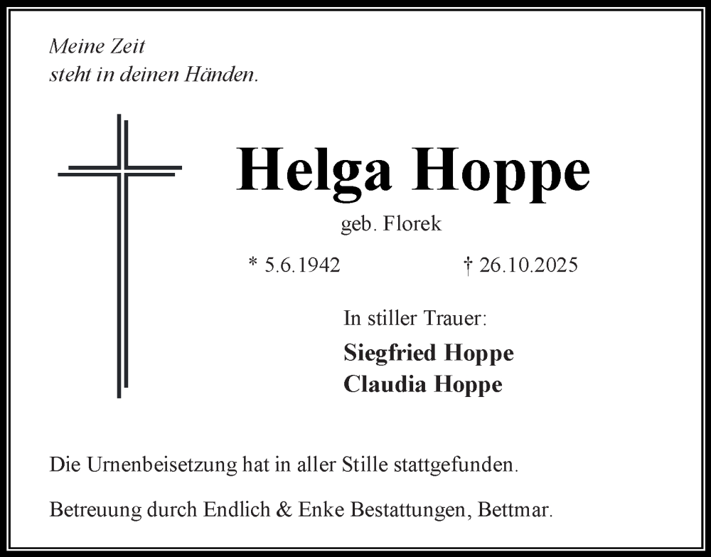  Traueranzeige für Helga Hoppe vom 20.12.2025 aus Peiner Nachrichten