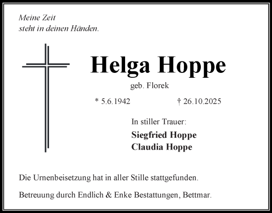 Traueranzeige von Helga Hoppe von Peiner Nachrichten