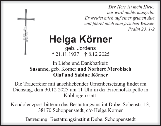 Traueranzeige von Helga Körner von Wolfenbütteler Zeitung