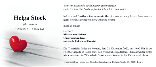 Traueranzeige von Helga Stock von Helmstedter Nachrichten