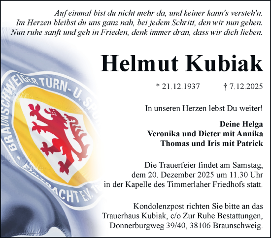 Traueranzeige von Helmut Kubiak von Braunschweiger Zeitung