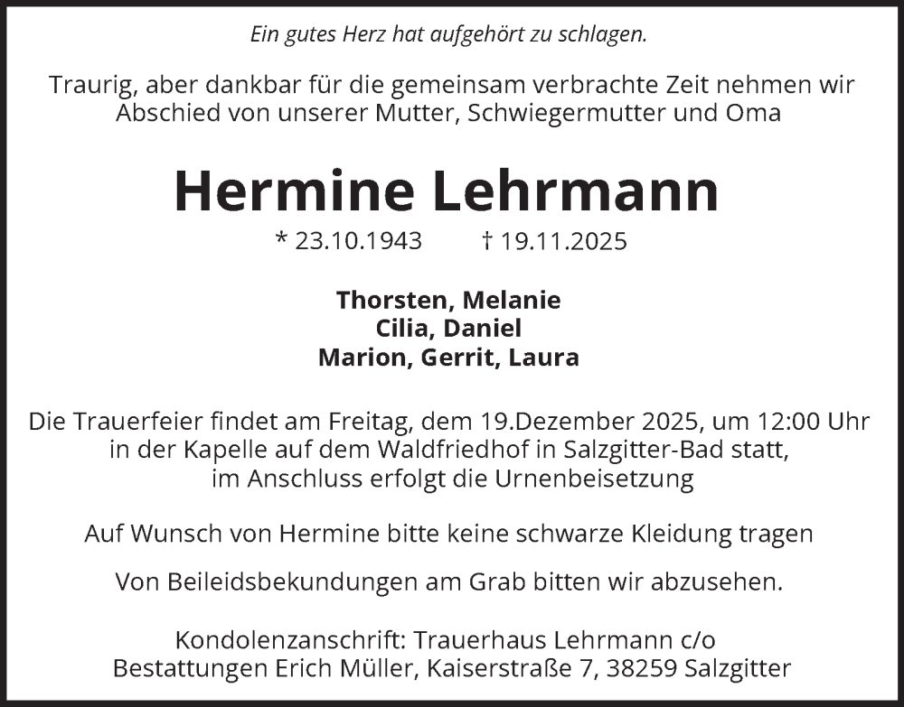  Traueranzeige für Hermine Lehrmann vom 13.12.2025 aus Salzgitter-Zeitung