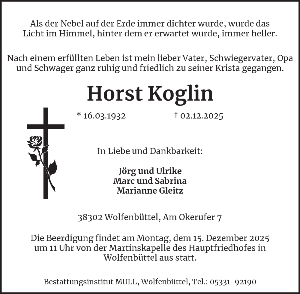  Traueranzeige für Horst Koglin vom 06.12.2025 aus Wolfenbütteler Zeitung