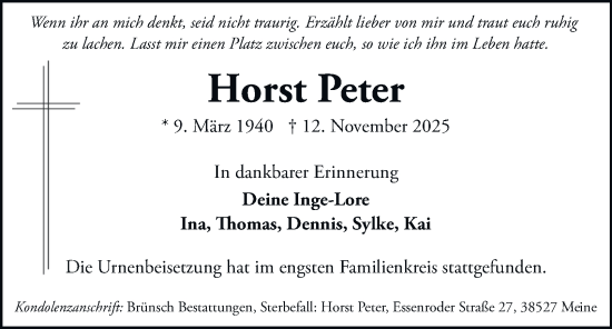 Traueranzeige von Horst Peter von Wolfenbütteler Zeitung