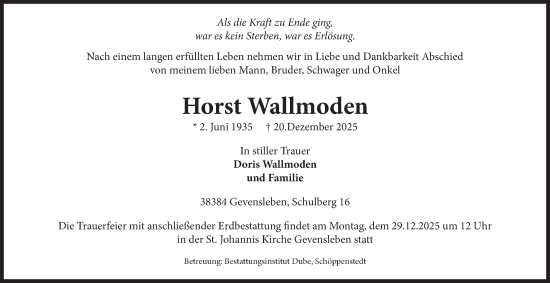 Traueranzeige von Horst Wallmoden von Braunschweiger Zeitung