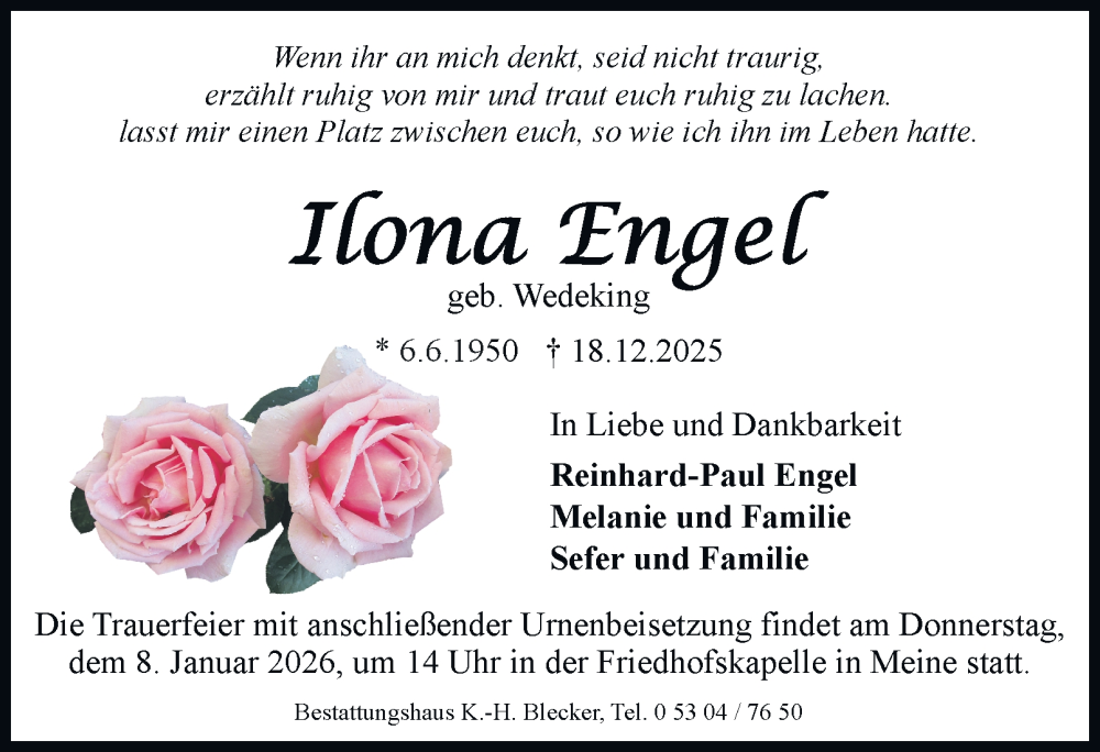  Traueranzeige für Ilona Engel vom 31.12.2025 aus Braunschweiger Zeitung