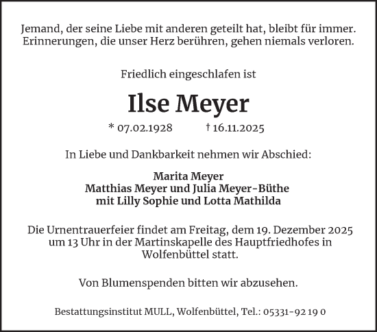 Traueranzeige von Ilse Meyer von Wolfenbütteler Zeitung
