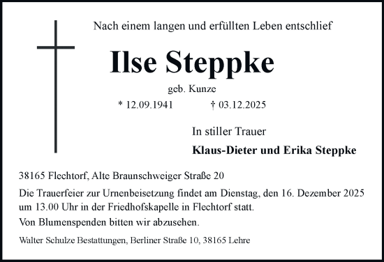 Traueranzeige von Ilse Steppke von Helmstedter Nachrichten