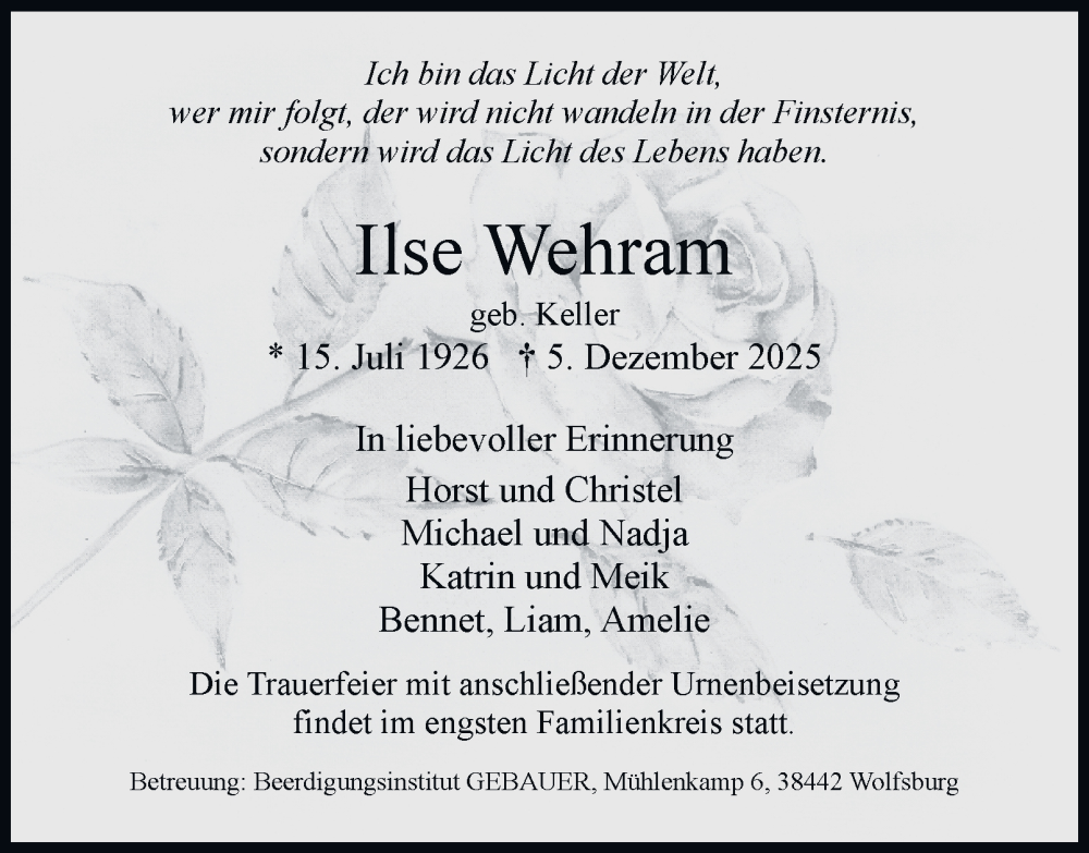  Traueranzeige für Ilse Wehram vom 13.12.2025 aus Braunschweiger Zeitung, Wolfsburger Nachrichten