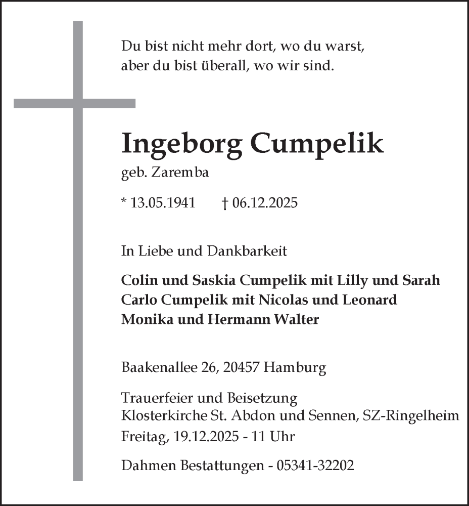  Traueranzeige für Ingeborg Cumpelik vom 13.12.2025 aus Salzgitter-Zeitung