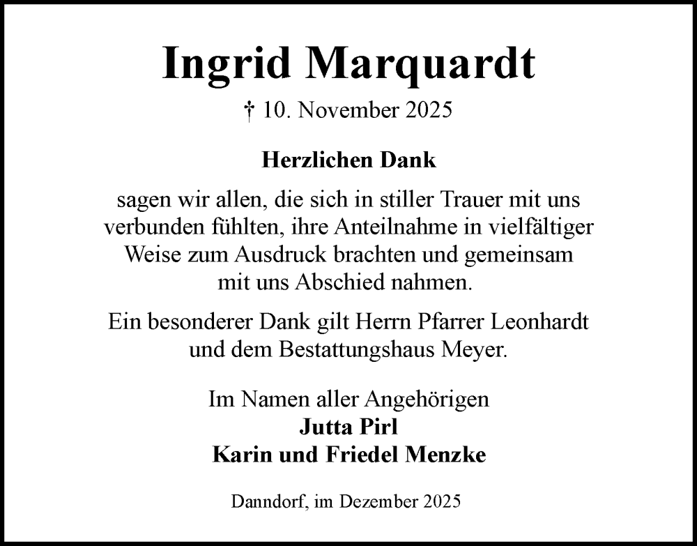  Traueranzeige für Ingrid Marquardt vom 13.12.2025 aus Helmstedter Nachrichten