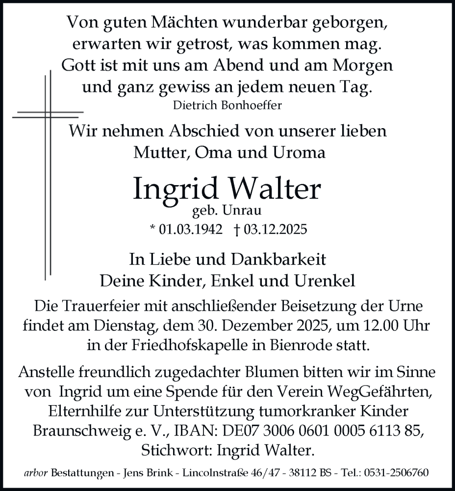  Traueranzeige für Ingrid Walter vom 13.12.2025 aus Braunschweiger Zeitung