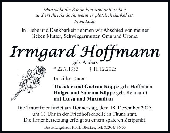 Traueranzeige von Irmgard Hoffmann von Braunschweiger Zeitung