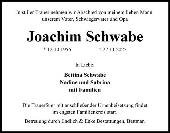 Traueranzeige von Joachim Schwabe von Peiner Nachrichten