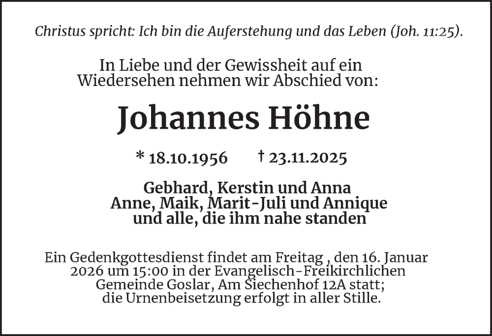  Traueranzeige für Johannes Höhne vom 06.12.2025 aus Salzgitter-Zeitung