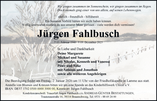 Traueranzeige von Jürgen Fahlbusch von Braunschweiger Zeitung