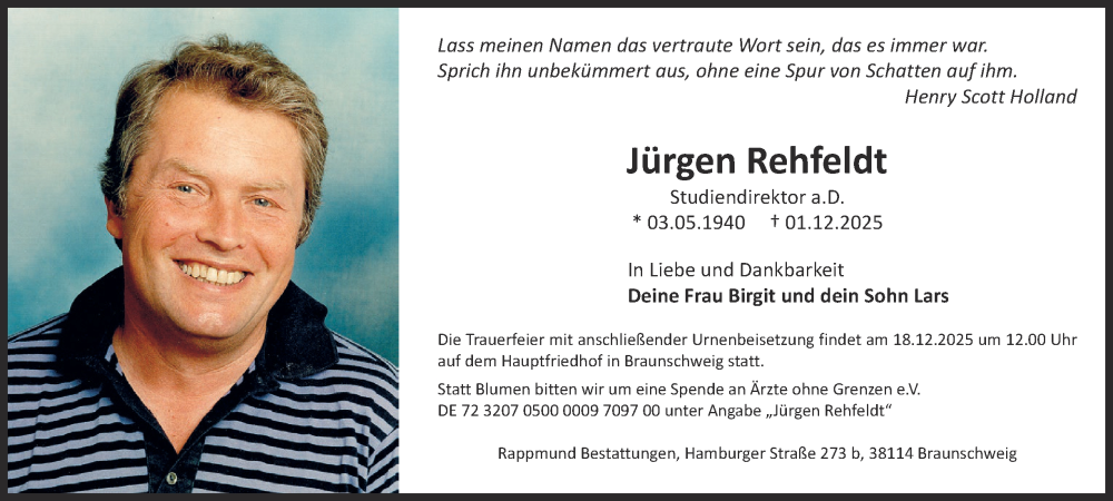  Traueranzeige für Jürgen Rehfeldt vom 06.12.2025 aus Braunschweiger Zeitung