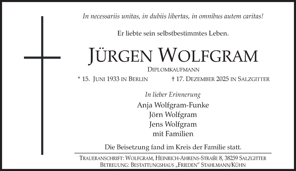  Traueranzeige für Jürgen Wolfgram vom 31.12.2025 aus Salzgitter-Zeitung